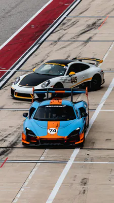 Porsche, Mclaren, Спорт, Гонки, Трек, Синий, Оранжевый, Желтый