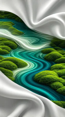 Шелк, Текущая река, Зеленые кусты, Извилистая вода, Вдохновение природой, Мягкая текстура, Голубая вода, Безмятежный