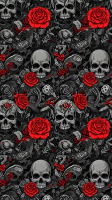Красные розы, Серые черепа, Черный фон, Даркиллюстрация, Цветочный узор, Edgyart, Готика, Жуткий