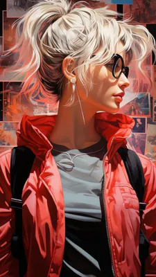 Портрет, Блондинка, Очки, Красная куртка, Серьги, Боковой профиль, Город, Иллюстрация, Мода