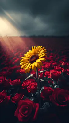 Желтый цветок, Красные розы, Цветочное поле, Солнечный свет, Темное небо, Контраст, Яркие цвета, Природа