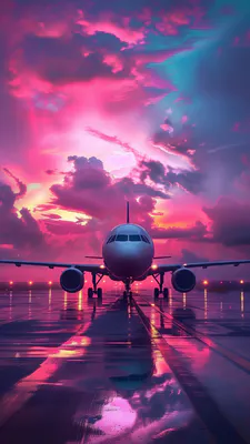 Самолет, Взлетно-посадочная полоса, Отражение, Закат, Облака, Сумерки, Посадка, Гудронное шоссе, Яркие