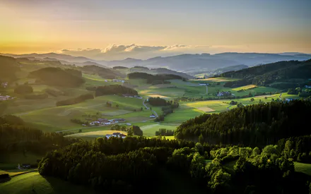 Солнечный свет, Холмы, Поля, Лес, Деревья, Сельская местность, Пейзаж, Рассвет