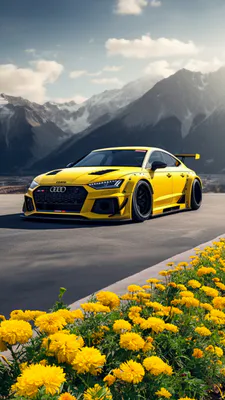 Sports Car, Yellow Car, Mountain Background, Flowers, Daylight, Asphalt, Spoiler, Black Wheels