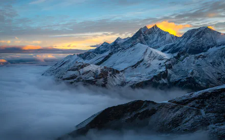 Горы, Пейзаж, Снег, Облака, Закат, Природа