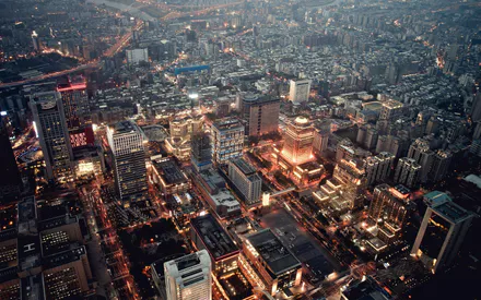 Город, Ночь, Неон, Архитектура, Вид сверху, Панорама