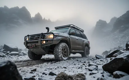 KyRyeZi, ИИ искусство, Внедорожник, Toyota, Снег, Горы, Камни, Туман