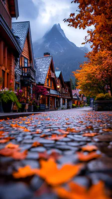 Mountain, Leaves, Cobblestones, Wooden Houses, Fog, Warm Lighting, Flowers, Atmospheric