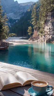 Open Book, Latte Art, Wooden Table, Turquoise Water, Rocky Shores, Coniferous Forest, Lake, Relaxation