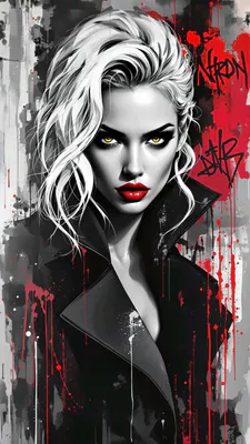 Portrait, Digital Art, Graffiti, Red Paint, White Hair, Yellow Eyes, Red Lips, Contrast Lighting