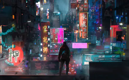 Silhouette, Street, Cyberpunk, Asian Signs, Fog, Lights, Panorama, Traveler