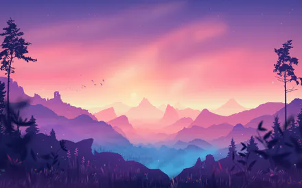 Mountains, Forest, Silhouettes, Birds, Fog, Fantasy, Pastel Colors, Grasses