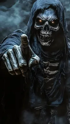 Skeleton, Hood, Sinister Eyes, Horror, Darkness, Pointing Hand, Mysticism, Fog
