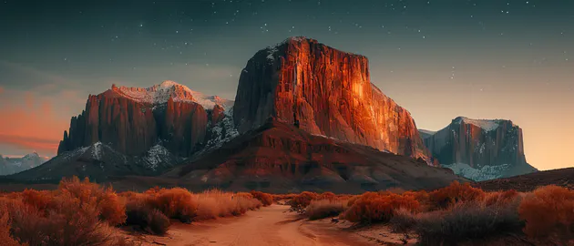 Mountain, Canyon, Starry Sky, Desert, Bushes, Trail, Sunset, Warm Palette, Ultrawide