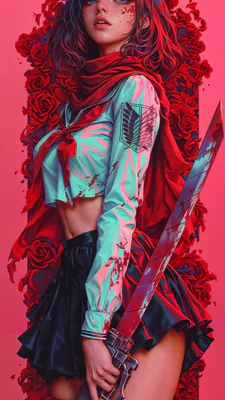 Anime, Girl, Sword, Blood, School Uniform, Roses, Red Scarf, Attack on Titan