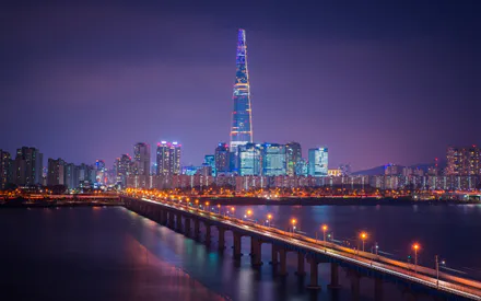 Skyscrapers, Bridge, River, Night Lights, Modern Architecture, Reflections in Water, Cityscape