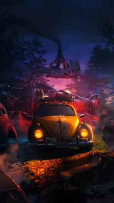 Garbage Dump, Scrap Metal, Rust, Headlights, Night, Fog, Crane