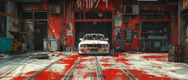 Retro Car, Workshop, Red Paint, Spilled Liquid, Tires, Tools, Graffiti, Metal Panels, Ultrawide