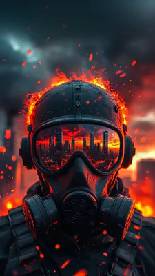 Man, Gas Mask, Fire, Smoke