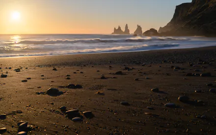 Black Beach, Iceland, Sunset, Dawn, Sea, Ocean, Waves, Coast, Rocks, Stones, Pebbles, Sun, Sky, Landscape, Nature, Reynisfjara, Shore, Water, Sand, Basalt Rocks