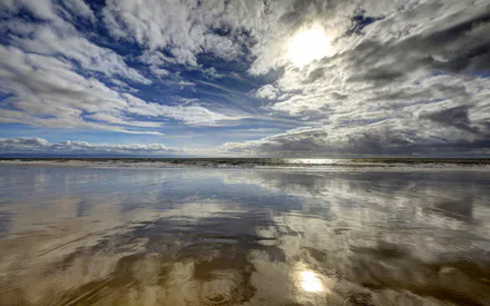 Sky, Clouds, Sea, Ocean, Beach, Shore, Sand, Reflection, Sun, Water, Landscape, Nature, Horizon, Waves, Wet Sand, Daylight, Cloudy