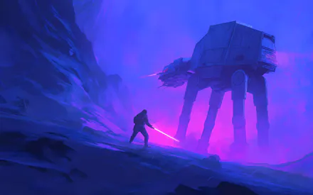At-at, Световой меч, Империя, Неоновая палитра, Киберпанк, Фантастический пейзаж, Солдат, AI Art
