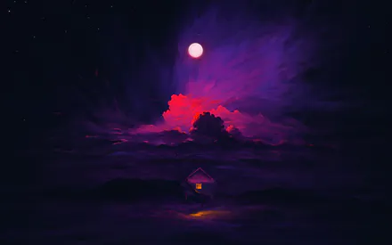 Луна, Фиолетовое небо, Облака, Звезды, Хижина, Светение, Ночной пейзаж, AI Art