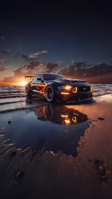 Ford, Спорткар, Пляж, Огненные полосы, Блики в воде, Тюнинг, Широкие колеса, AI Art