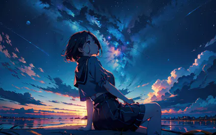 Ночь, Небо, Озеро, Девушка, Аниме