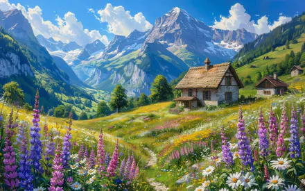 Швейцарія, Поле, Квіти, Луг, Альпи, Вид, Гори, Природа, Пейзаж, Будинок
