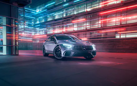 Mercedes AMG GT4, Серый, Огни, Машина