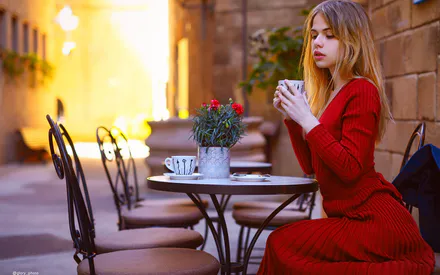 Girl, Red Dress, Coffee Cup, Street Cafe, Flowers, Sunlight, Portrait
