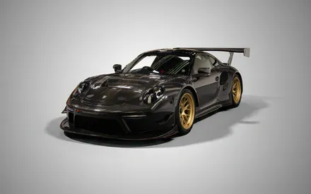 Porsche 911 GT3 RS, Суперкар, Спортивный автомобиль, Спорткар, Авто, Машина, Гоночный автомобиль, Карбон, Углеволокно, Золотые диски, Спойлер, Серый фон, Студийное фото, Тюнинг, Купе