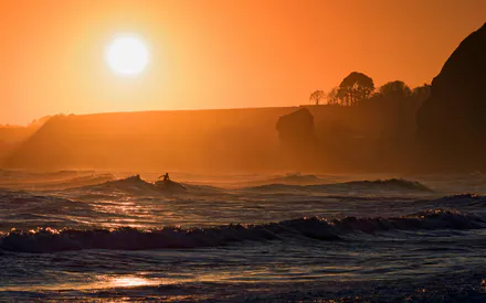Sunset, Sea, Ocean, Sun, Waves, Surfer, Surfing, Silhouette, Beach, Coast, Rocks, Orange Sky, Shore, Water, Landscape, Evening, Dawn, Nature