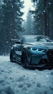 Спорткар, Снеж, Лесной пейзаж, Купе, Фары led, Спойлер, Широкий обвес, Холодная палитра, AI Art