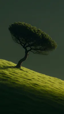 Tree, Green Hill, Grass Slope, Nature, Tree Silhouette, Minimalist Landscape, Soft Light, Dark Green