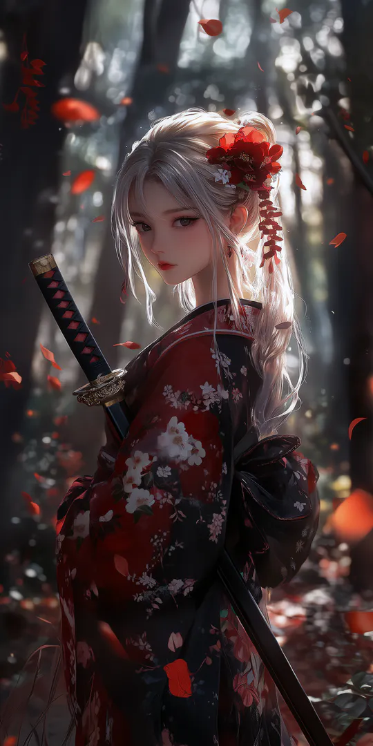 Phone wallpaper: A samurai girl in a kimono
