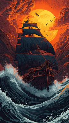 Sailboat, Ship, Stormy Sea, Ocean Waves, Crimson Moon, Silhouettes of Birds, Marine Illustration, Pirate Ship