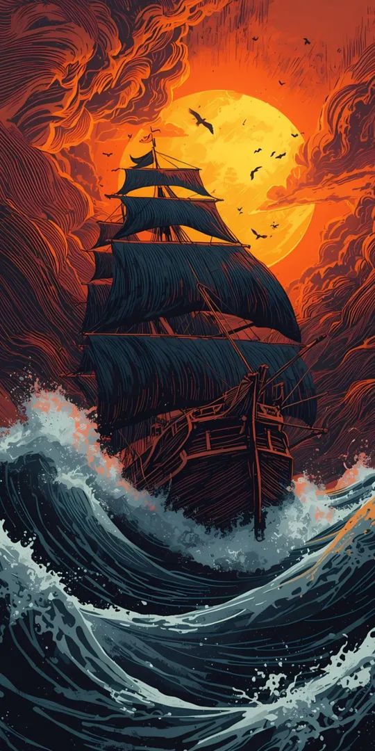 Phone wallpaper: A ship under a crimson moon