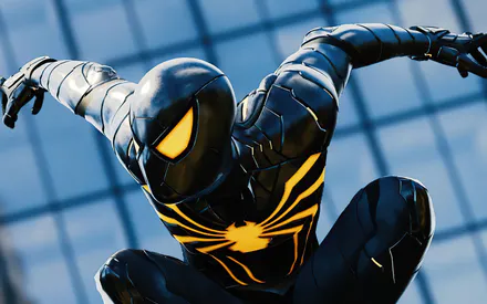 Spider-Man, Marvel, Черный костюм, Симбиотный костюм, Кибернетический дизайн, Супергерой, Желтые глаза, Комикс-арт