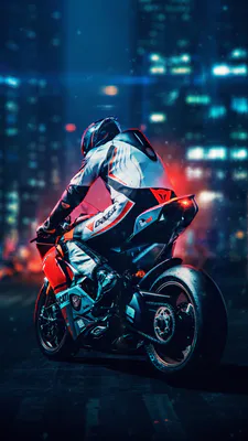 Мотоцикл, Ducati, Мотогонщик, Спортивний мотоцикл, Нічне місто, Неонове світло, Мотоспорт, Міський пейзаж, AI Art