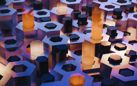Hexagon, Metal Nuts, Bolts, 3D Rendering, Geometric Shapes, Neon Lights, Futuristic Design, Abstract Structures, AI Art