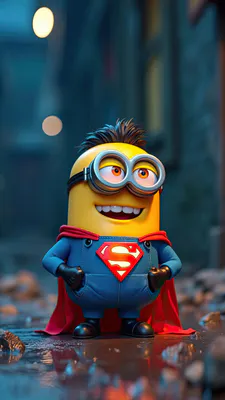 Миньон, Superman, Супергерой, Желтый персонаж, Красный плащ, Очки, Городской переулок, Отражение в воде, AI Art