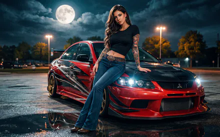Mitsubishi, Mitsubishi Lancer Evolution, Девушка, Луна, Парковка, Тату, Татуированная Девушка, Искусство AI, Сгенерировано AI