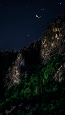 Горы, Горный пейзаж, Ночное небо, Звезды, Луна, Скалы, Хвойный лес, Темный пейзаж