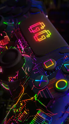 Игровой контроллер, Геймпад, Неоновая подсветка, RGB-подсветка, Киберпанк, Игровая периферия, Технологии, Темная эстетика, AI Art