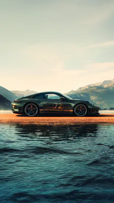 Porsche, Спортивный автомобиль, Купе, Гоночный дизайн, Озеро, Горы, Вода, Авто стиль, AI Art