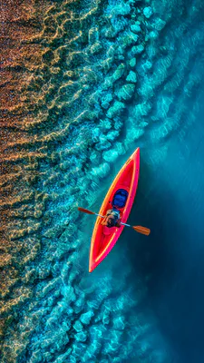 Kayak, Boat for One, Aerial Shot, Top View, Crystal Clear Water, Rocky Bottom, Sea, Bright Contrast, Recreation on the Water