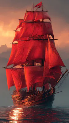 Корабль, Парусник, Красные паруса, Море, Океан, Морской пейзаж, Закат, Фрегат, AI Art