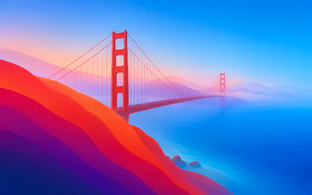 Suspension Bridge, Red Bridge, Cityscape, Foggy Morning, Gradient Colors, Coast, Hills, Vector Illustration